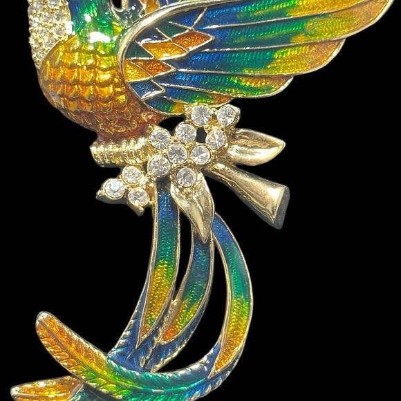 Hummingbird brooch, pin large, vibrant, colorful, feathers, enamel, rhinestones - Picture 3 of 9